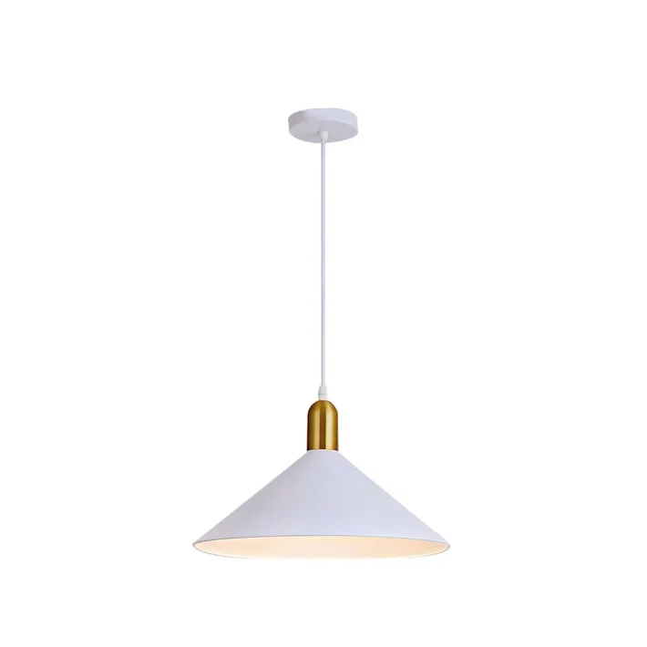 lampara colgante kegel blanco y dorado metal interior diseño moderno techo campana certificacion SEC