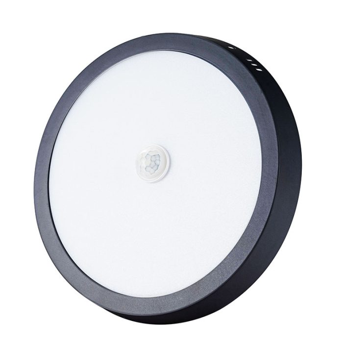 Panel LED Redondo Eco Sobrepuesto 12W Negro con Sensor de Movimiento – Diseño Industrial Inteligente
